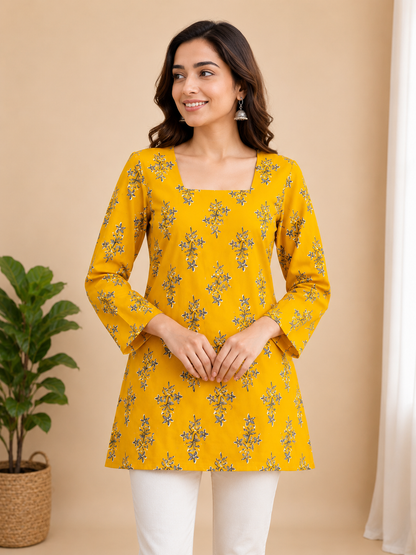 "Mustard Yellow Floral Print Cotton Short Kurti for Women"