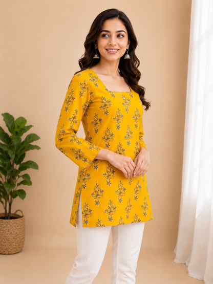 "Mustard Yellow Floral Print Cotton Short Kurti for Women"