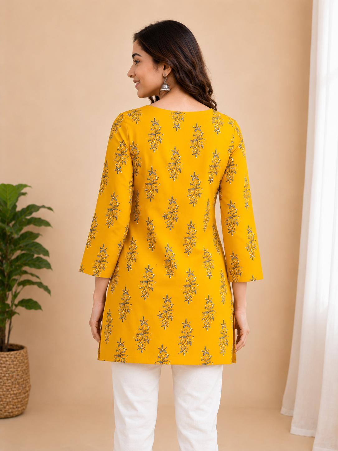 "Mustard Yellow Floral Print Cotton Short Kurti for Women"