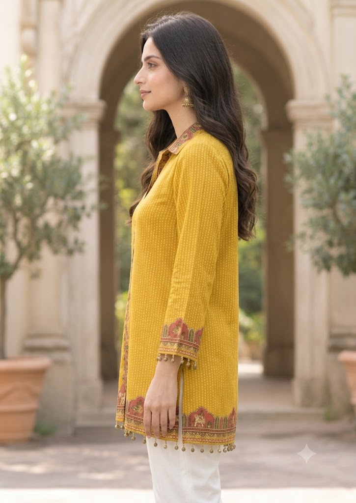Mustard Floral Border Crepe Shirt Tunic