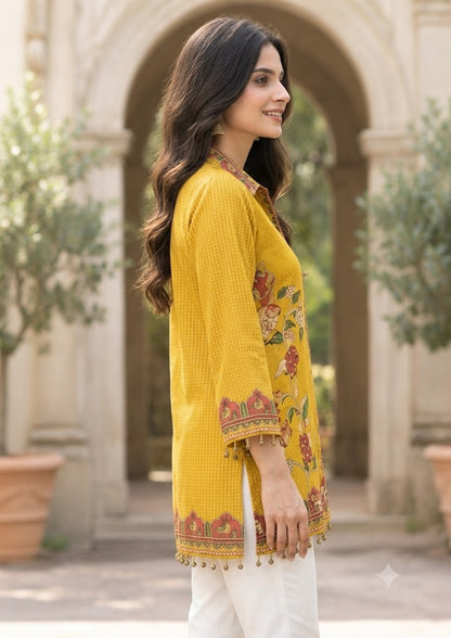 Mustard Floral Border Crepe Shirt Tunic