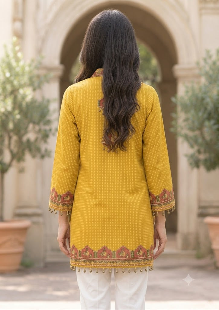 Mustard Floral Border Crepe Shirt Tunic