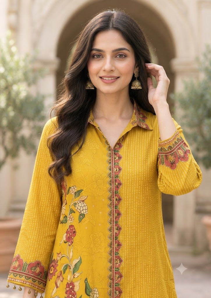 Mustard Floral Border Crepe Shirt Tunic