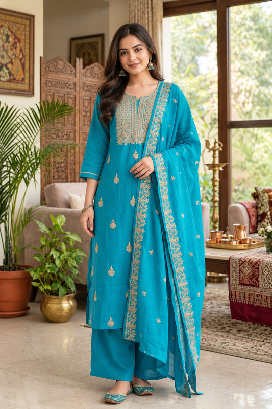 Zari Embroidered Kurta with Palazzo & Embroidered Dupatta in Firozi