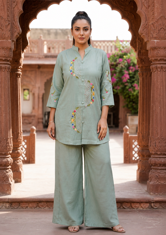 Pista Green Embroidered Handwork Co-Ord Set for Women - Nakh Clothing