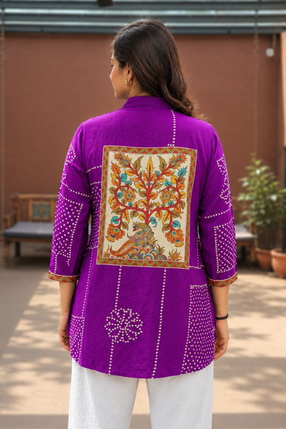 Purple Classic Silk Shirt Tunic for Women | Bandhani Print with Bird Motif - Nakh Clothing