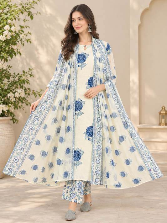 Cream Cotton Floral Block Print Kurta Set with Pants & Dupatta