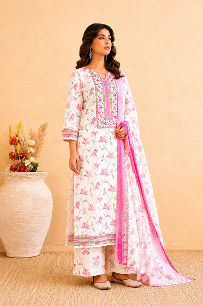 Pink Floral Cotton Suit Set with Embroidered Yoke & Dupatta ✨ - Nakh Clothing