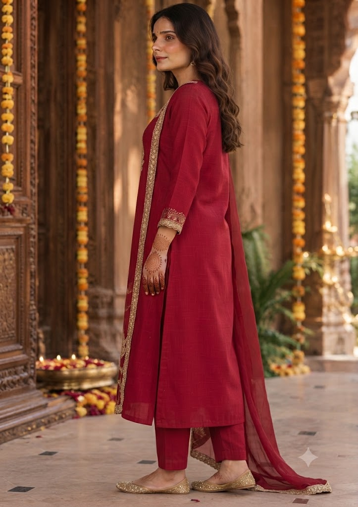 Red Crinkle Chinon 3-Piece Stylish Set with Zari Coding Work Kurta