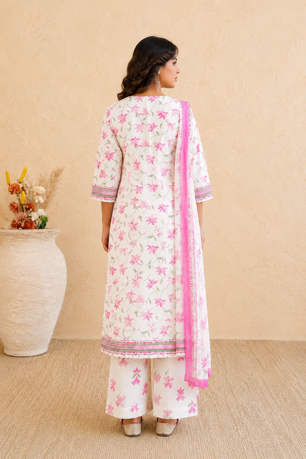 Pink Floral Cotton Suit Set with Embroidered Yoke & Dupatta ✨ - Nakh Clothing