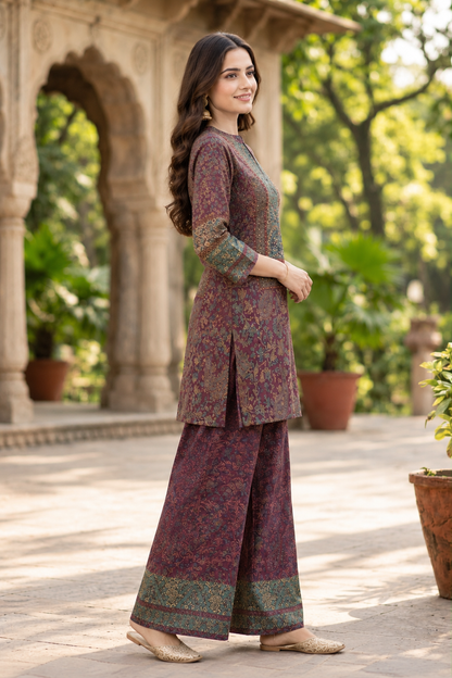 Wine Natural Crepe Co-ord Set with Handwork Yoke Kurta & Printed Palazzo