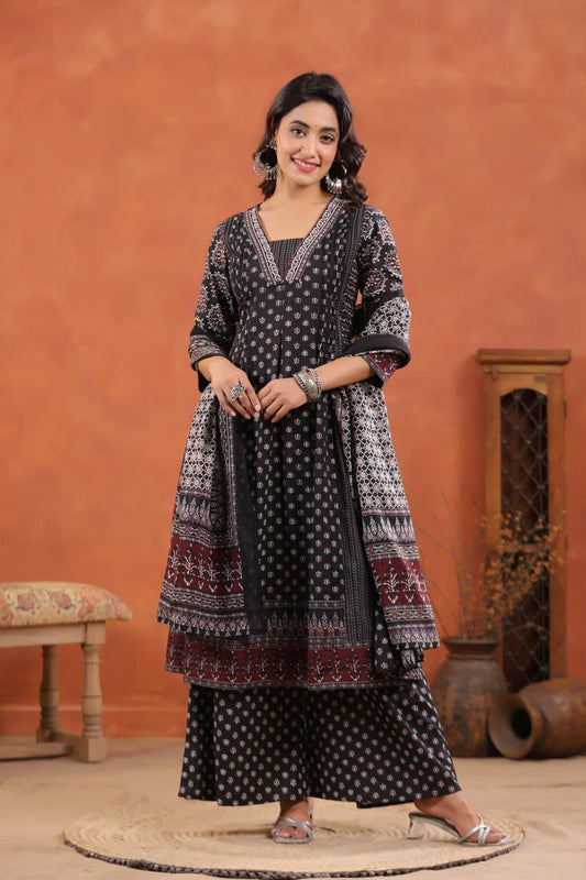 Premium Ajrakh Print Cotton A-Line Kurta Palazzo Set with Dupatta