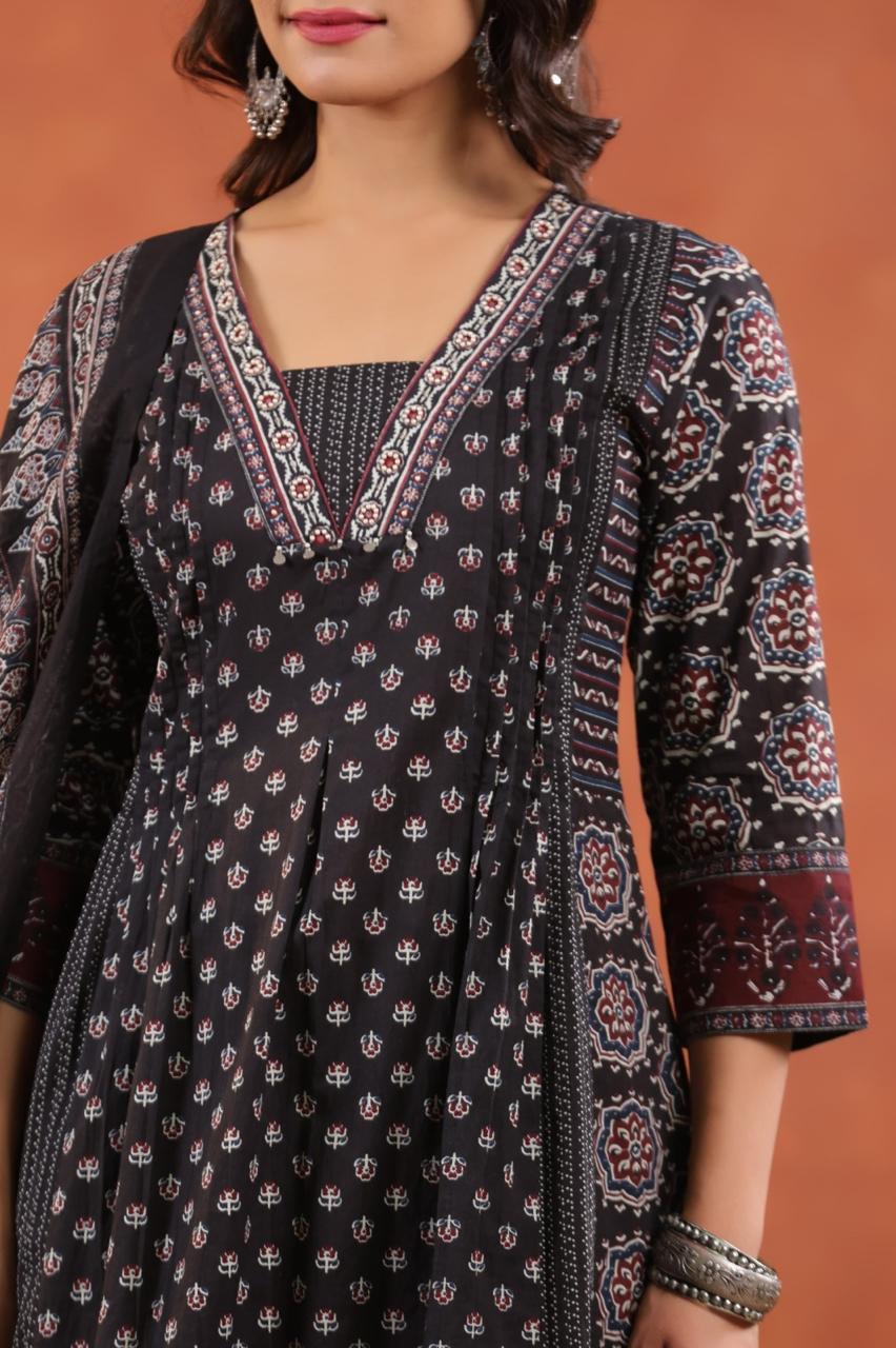 Premium Ajrakh Print Cotton A-Line Kurta Palazzo Set with Dupatta - Nakh Clothing