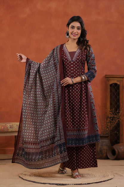 Premium Ajrakh Print Cotton A-Line Kurta Palazzo Set with Dupatta - Nakh Clothing