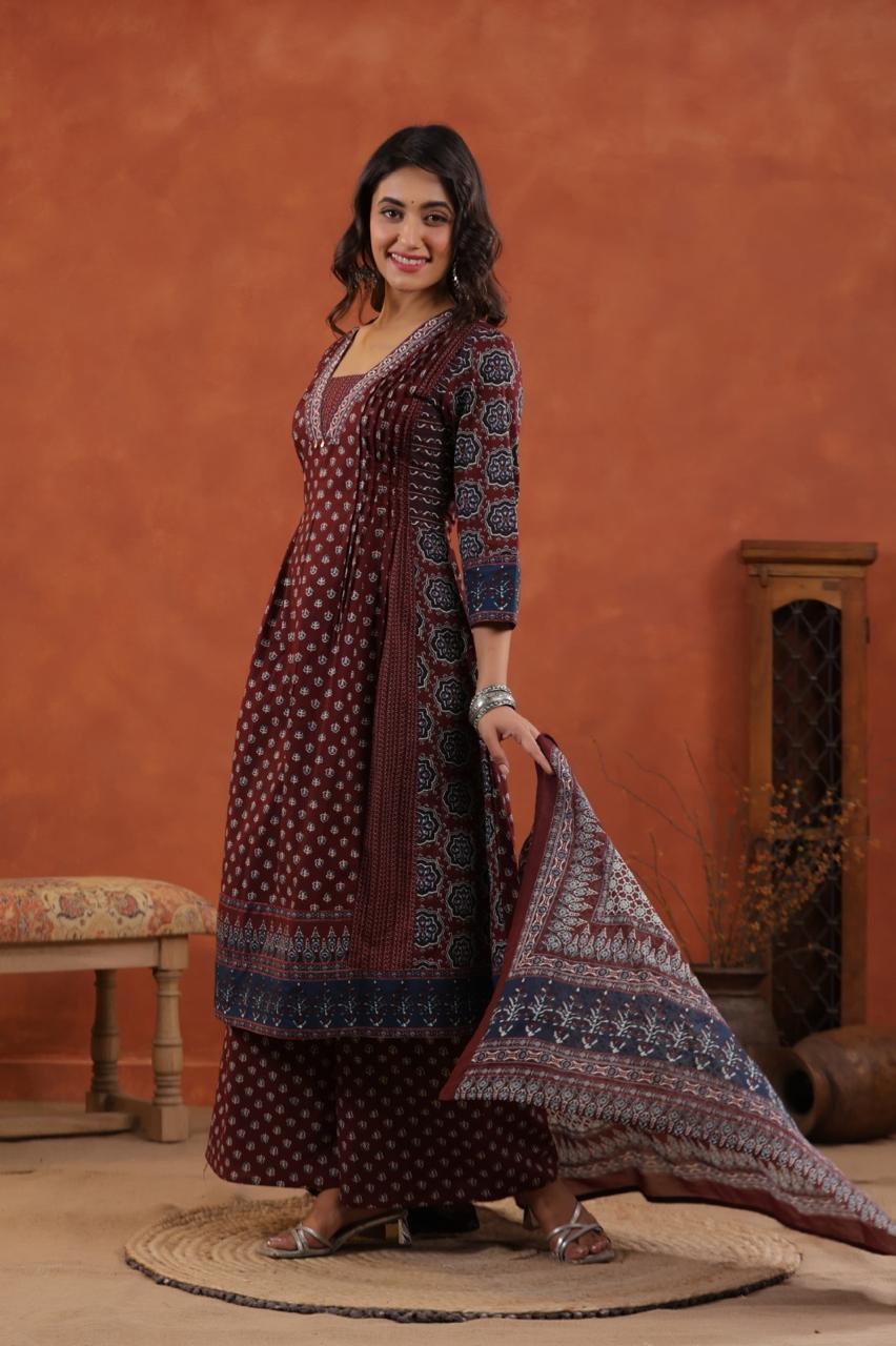 Premium Ajrakh Print Cotton A-Line Kurta Palazzo Set with Dupatta - Nakh Clothing