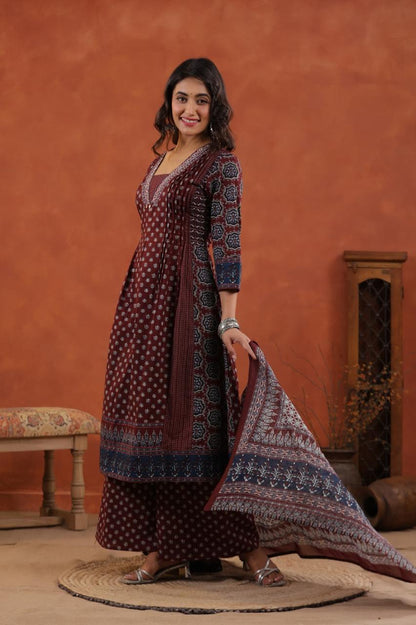 Premium Ajrakh Print Cotton A-Line Kurta Palazzo Set with Dupatta - Nakh Clothing