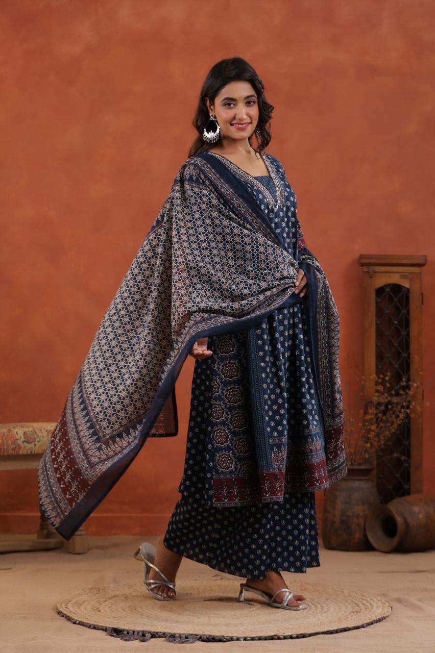 Premium Ajrakh Print Cotton A-Line Kurta Palazzo Set with Dupatta - Nakh Clothing