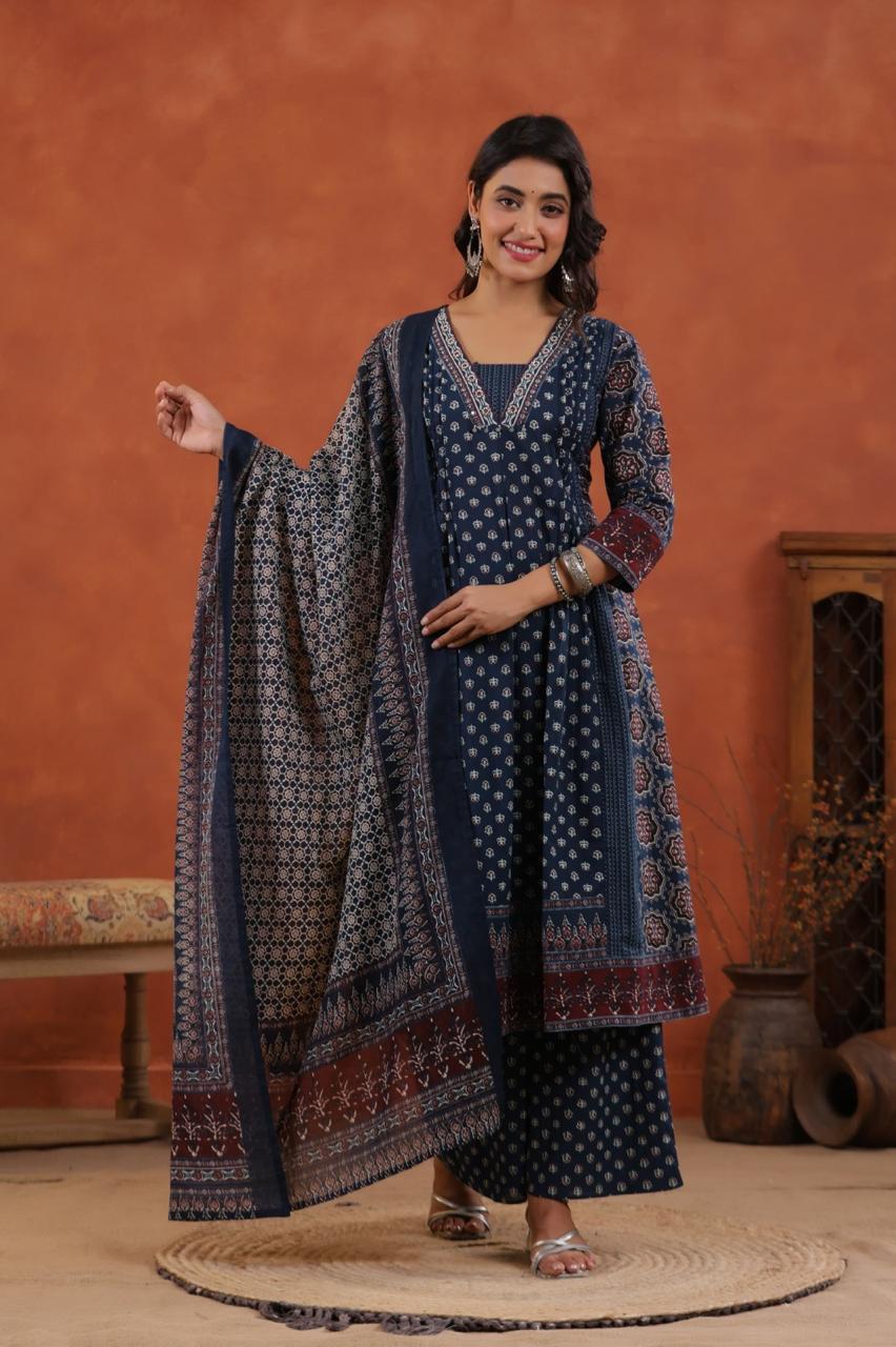 Premium Ajrakh Print Cotton A-Line Kurta Palazzo Set with Dupatta - Nakh Clothing