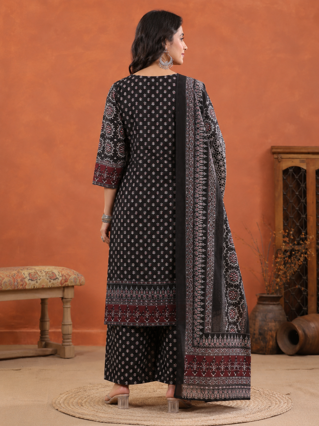 Premium Ajrakh Print Cotton A-Line Kurta Palazzo Set with Dupatta - Nakh Clothing