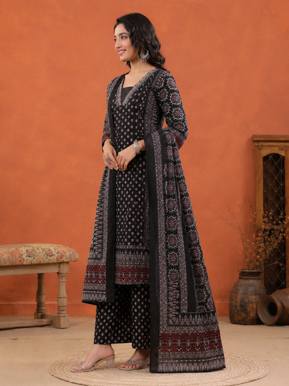 Premium Ajrakh Print Cotton A-Line Kurta Palazzo Set with Dupatta - Nakh Clothing