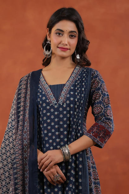 Premium Ajrakh Print Cotton A-Line Kurta Palazzo Set with Dupatta - Nakh Clothing