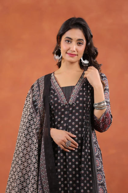 Premium Ajrakh Print Cotton A-Line Kurta Palazzo Set with Dupatta - Nakh Clothing