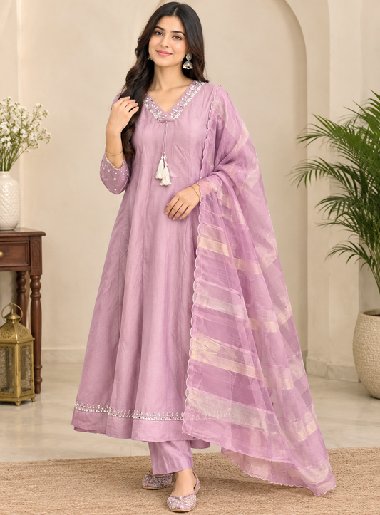 Pink Crush Tissue Anarkali Suit Set with Mirror Work