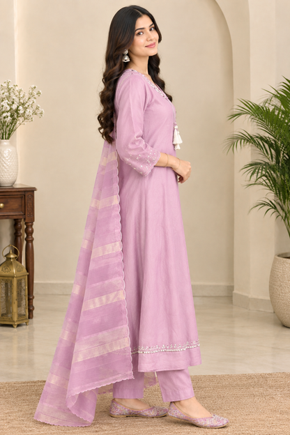 Pink Crush Tissue Anarkali Suit Set with Mirror Work