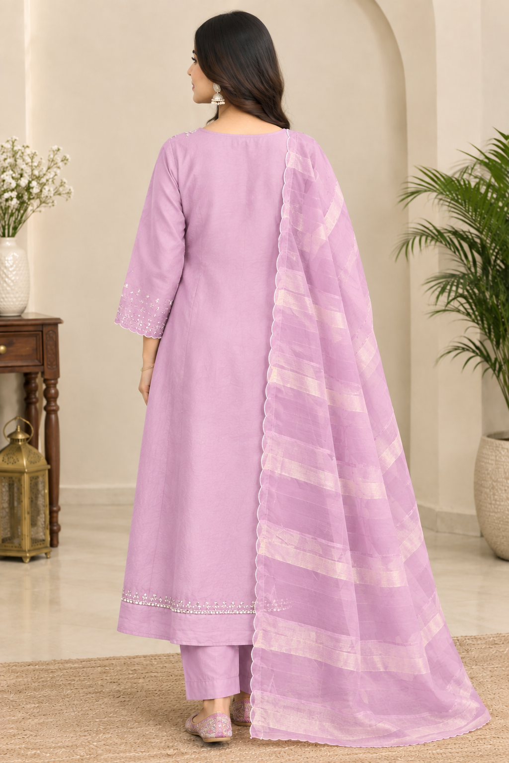Pink Crush Tissue Anarkali Suit Set with Mirror Work