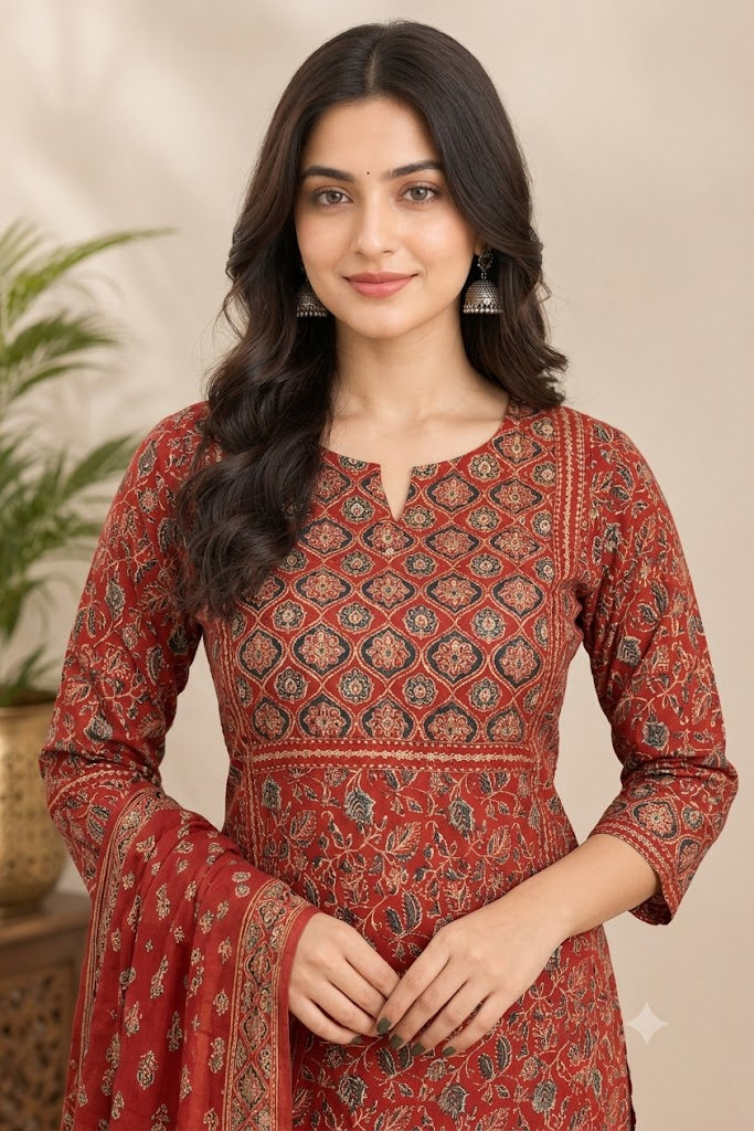 Maroon Ajrakh Print Cotton Suit Set | Festive & Everyday Wear for Women