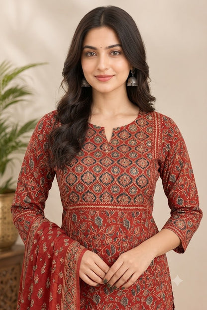 Maroon Ajrakh Print Cotton Suit Set | Festive & Everyday Wear for Women