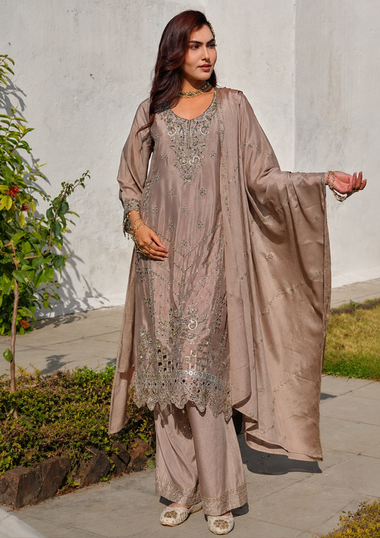 Luxury Taupe Pure Chinon  Partywear Suit Set with Mirror Work - Nakh Clothing