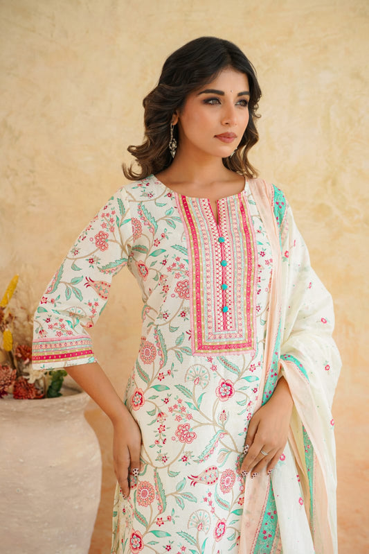 Rama Floral Cotton Suit Set with Dupatta for Women.