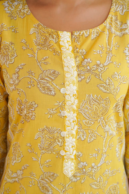 Yellow Floral Cotton Suit Set with Dupatta for Women - Nakh Clothing
