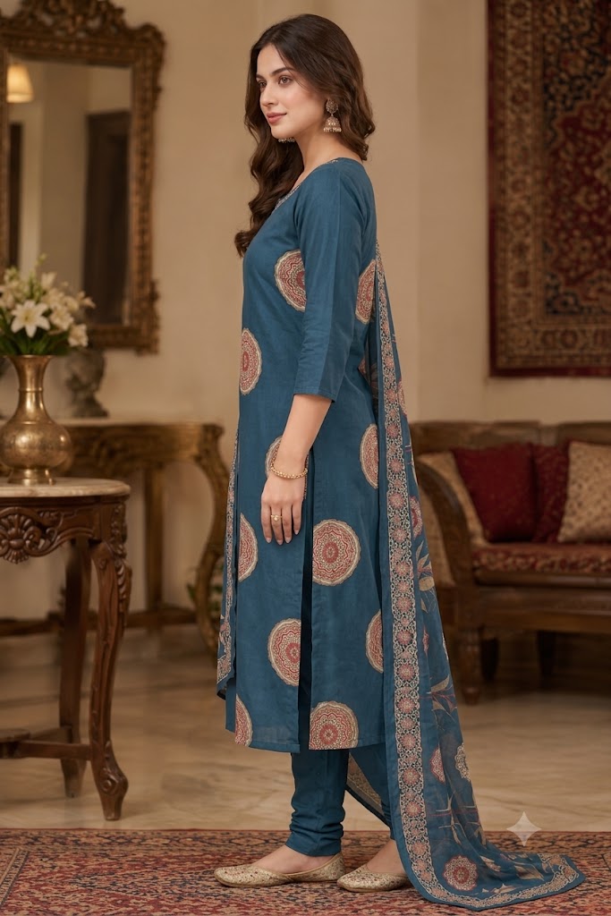 Embroidered Cotton Straight Kurta Set with Medallion Print & Dupatta