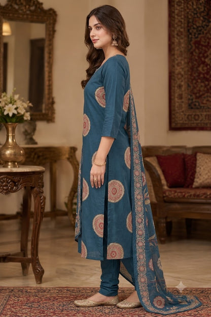 Embroidered Cotton Straight Kurta Set with Medallion Print & Dupatta