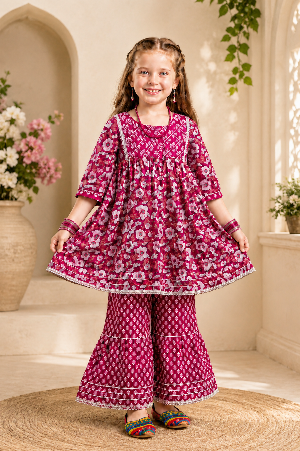Girls Floral Print Sharara Suit Set – Festive Wear for Kids | Pink Maroon"