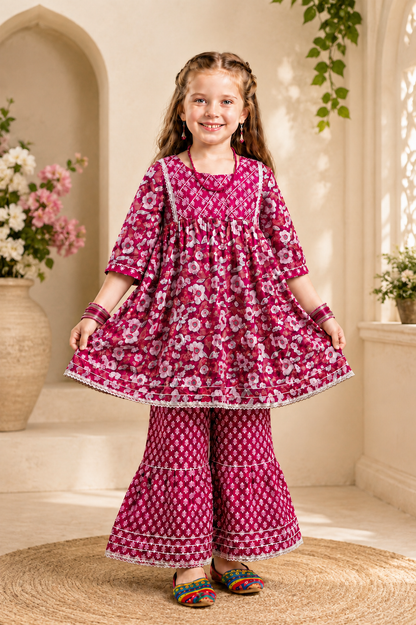 Girls Floral Print Sharara Suit Set – Festive Wear for Kids | Pink Maroon"