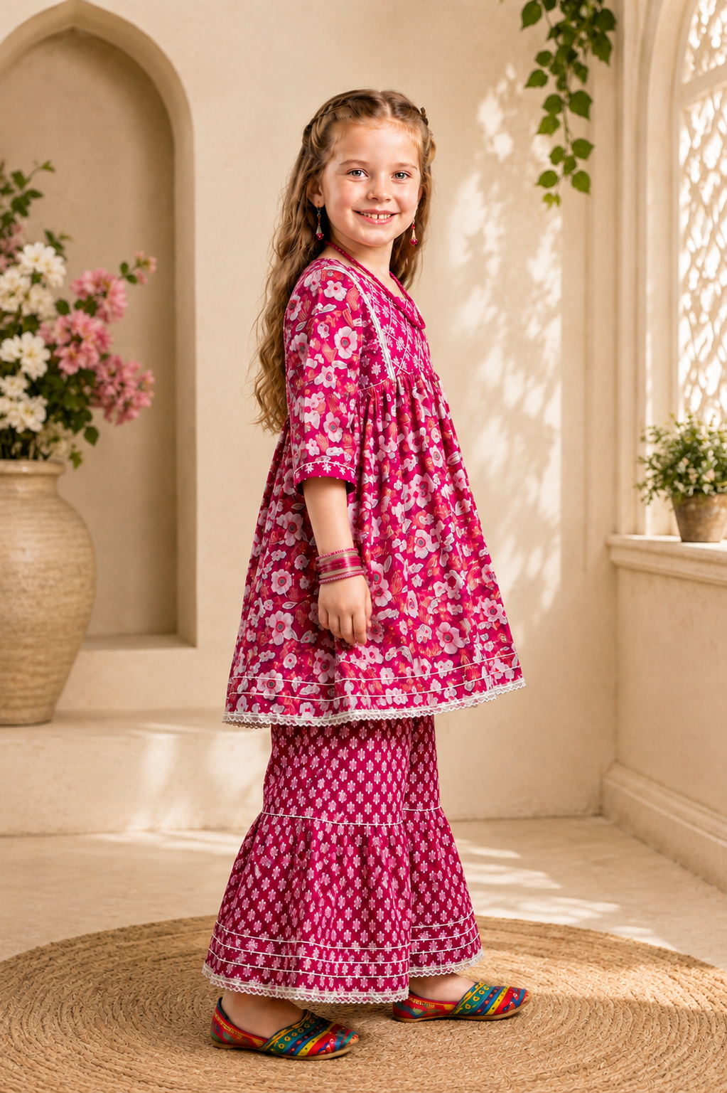 Girls Floral Print Sharara Suit Set – Festive Wear for Kids | Pink Maroon"