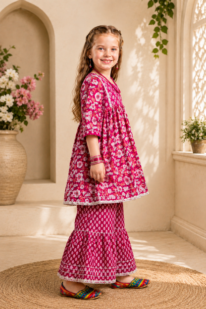 Girls Floral Print Sharara Suit Set – Festive Wear for Kids | Pink Maroon"