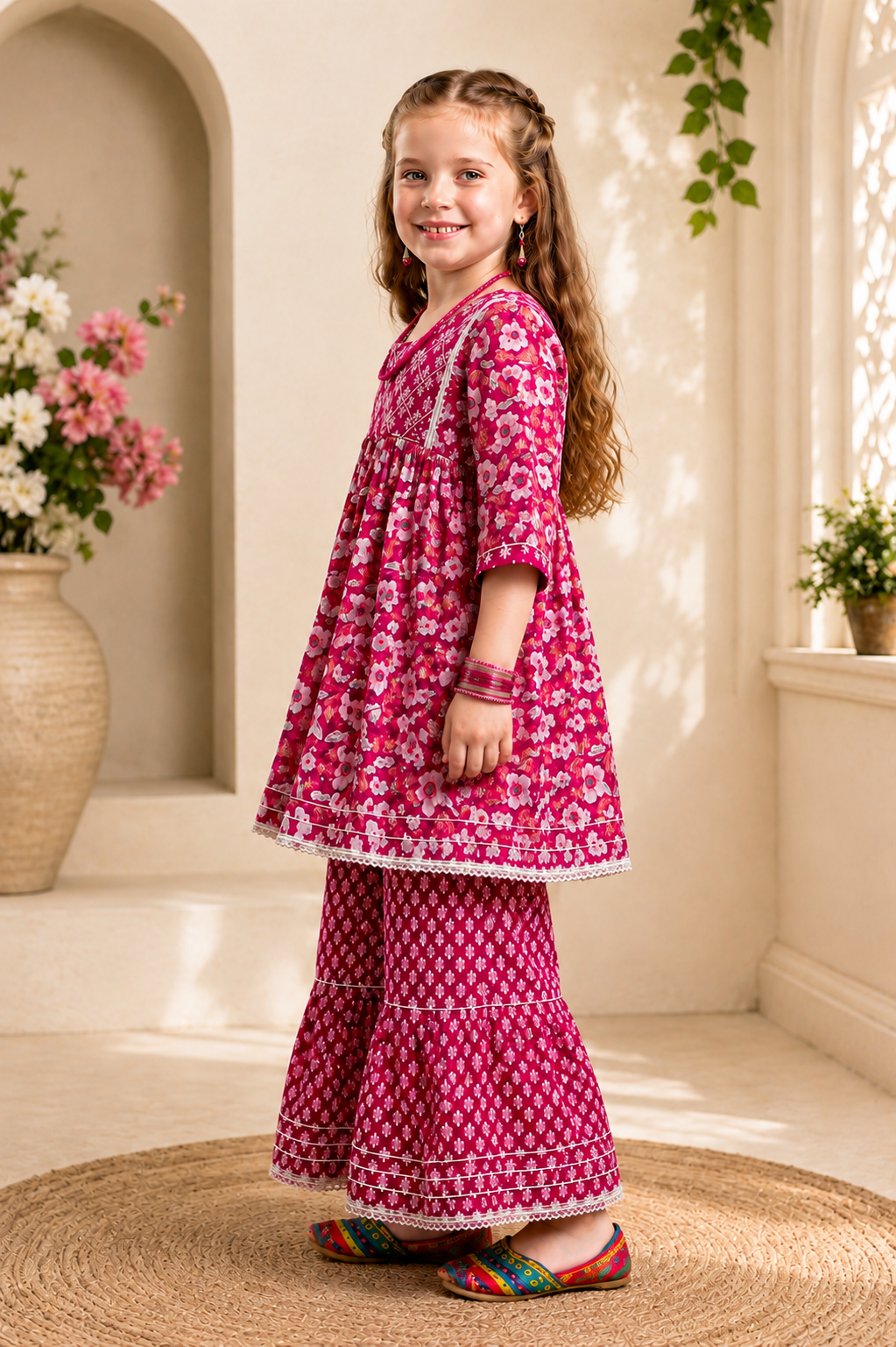 Girls Floral Print Sharara Suit Set – Festive Wear for Kids | Pink Maroon"