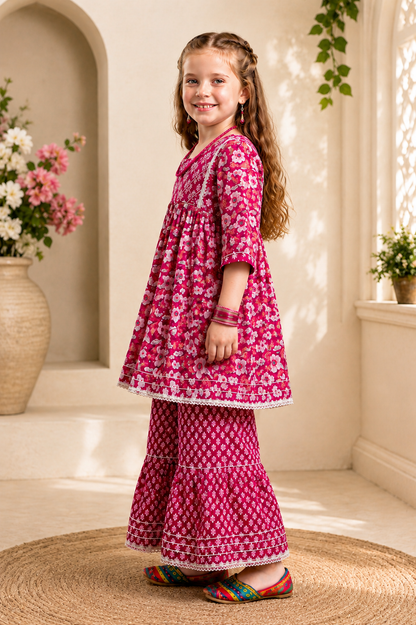 Girls Floral Print Sharara Suit Set – Festive Wear for Kids | Pink Maroon"