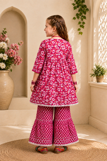 Girls Floral Print Sharara Suit Set – Festive Wear for Kids | Pink Maroon"