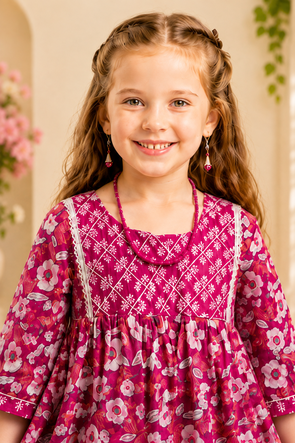 Girls Floral Print Sharara Suit Set – Festive Wear for Kids | Pink Maroon"