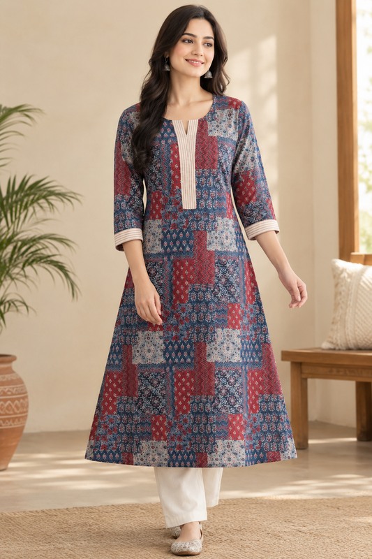 Handloom Cotton Co-ord Set – Patchwork Print Top & Pant - Nakh Clothing