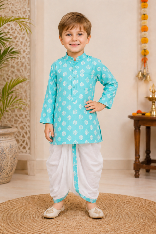 Boys Sky Blue Cotton Block Print Kurta Dhoti Set
