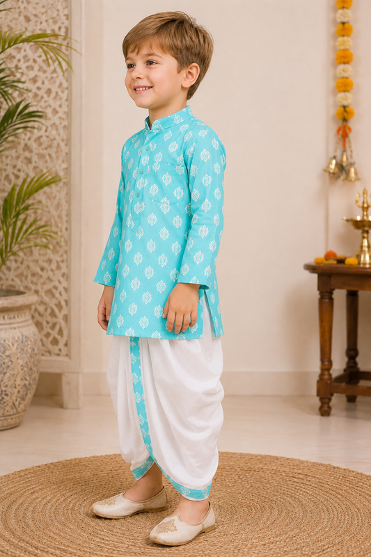 Boys Sky Blue Cotton Block Print Kurta Dhoti Set