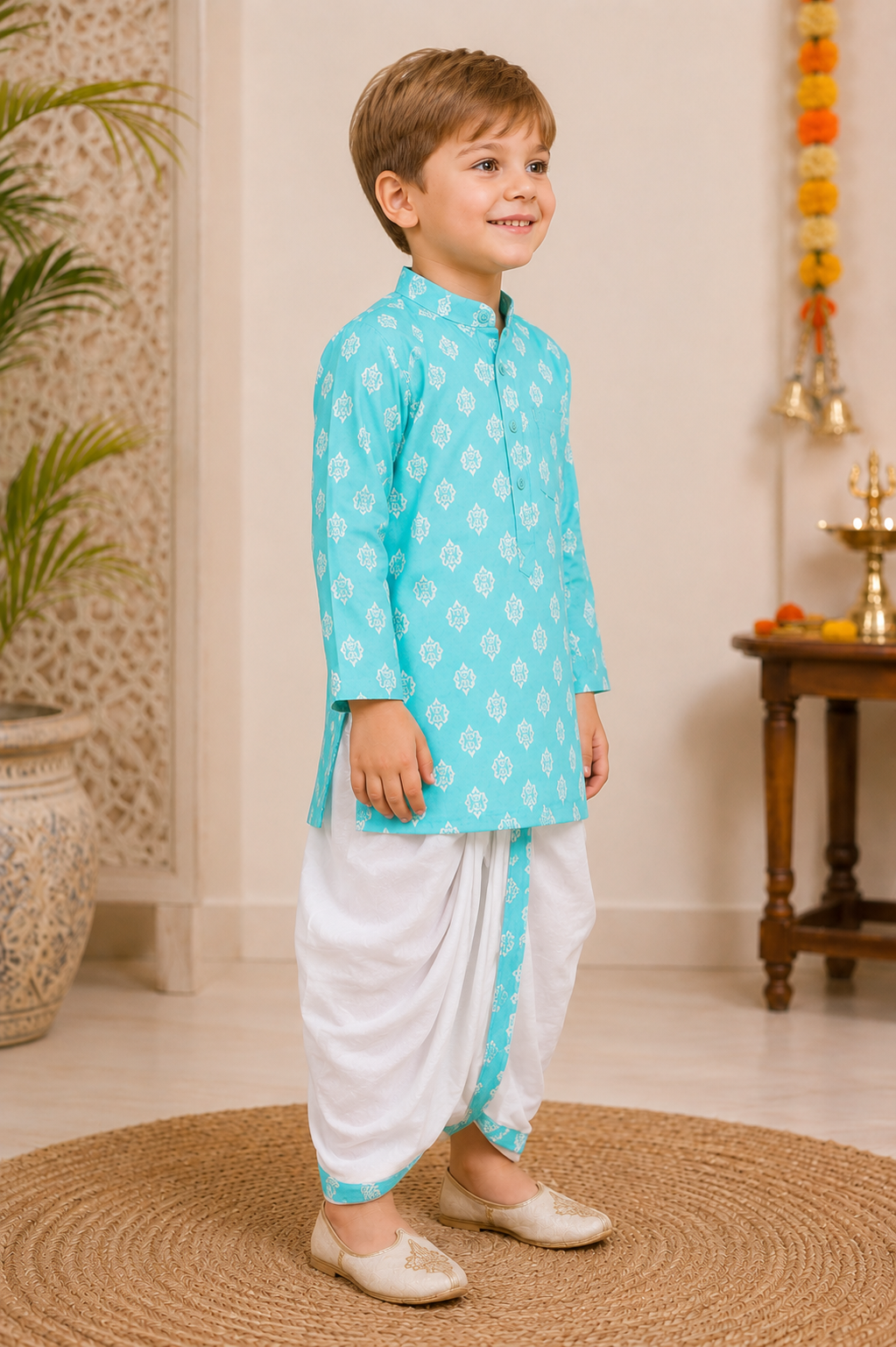 Boys Sky Blue Cotton Block Print Kurta Dhoti Set - Nakh Clothing