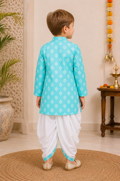 Boys Sky Blue Cotton Block Print Kurta Dhoti Set - Nakh Clothing