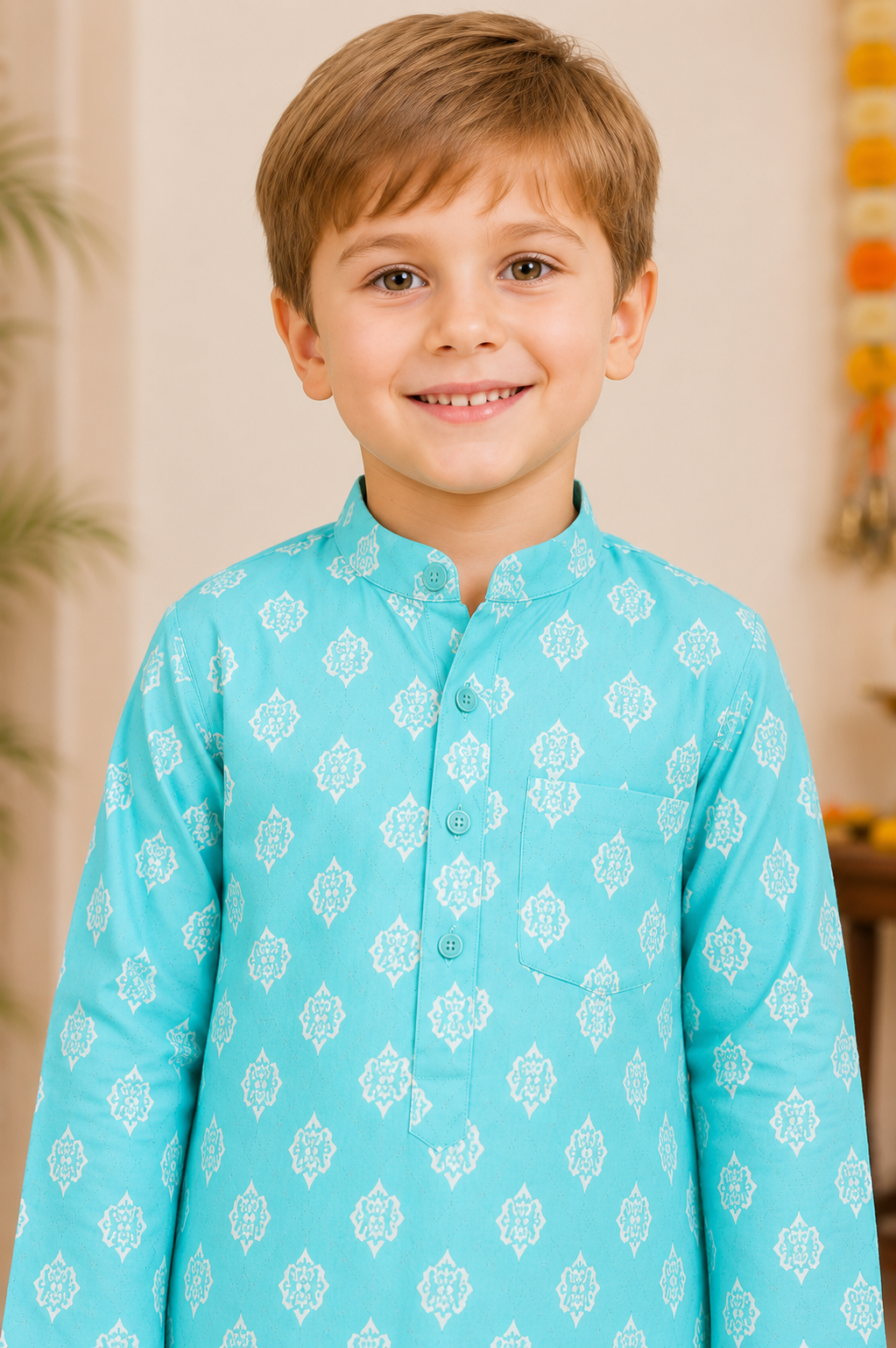 Boys Sky Blue Cotton Block Print Kurta Dhoti Set - Nakh Clothing
